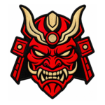 Red Samurai demon mask embroidered patch with black armor details, gold horns, sharp teeth, Japanese Oni warrior design, and satin border