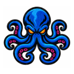 Blue octopus embroidered patch with black outlines, orange eyes, pink suction cups, detailed tentacles, and satin embroidered border