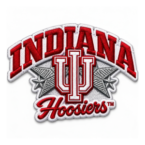 Indiana IU Hoosiers embroidered patch with red lettering, central IU monogram, layered stars and script Hoosiers text