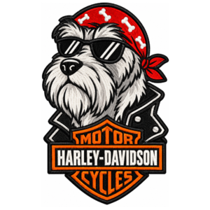 Biker dog embroidered patch with sunglasses, red bandana, motorcycle jacket design, orange white lettering, and black satin border