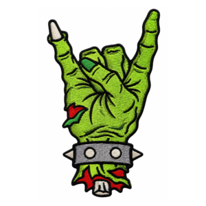 Green rock hand skull embroidered patch with metal gesture design, silver studded wristband, red details, black outline, and satin border