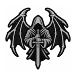 Black and white winged Grim Reaper embroidered patch with hooded figure, large bat wings, sword, gothic design, and custom embroidered border