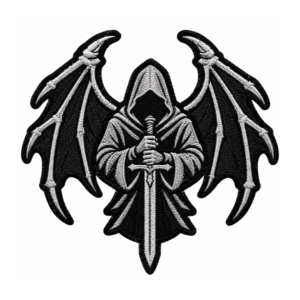 Black and white winged Grim Reaper embroidered patch with hooded figure, large bat wings, sword, gothic design, and custom embroidered border