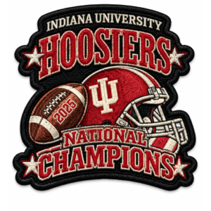 Indiana Hoosiers football embroidered patch with 2025 football, red IU helmet, stars and National Champions lettering