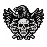Black and white eagle skull embroidered patch with spread wings, detailed skull, sharp talons, crossed bones, and gothic biker design