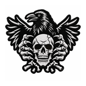 Black and white eagle skull embroidered patch with spread wings, detailed skull, sharp talons, crossed bones, and gothic biker design