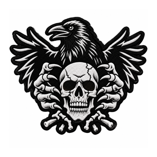 Black and white eagle skull embroidered patch with spread wings, detailed skull, sharp talons, crossed bones, and gothic biker design