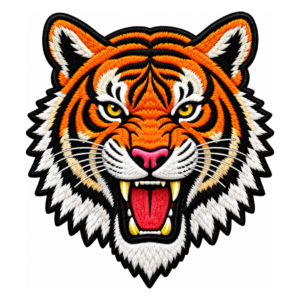 Fierce orange tiger head embroidered patch with black and white stripes, yellow eyes, pink nose, sharp fangs, red tongue, and black border