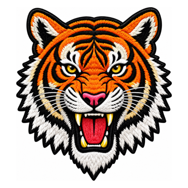 Fierce orange tiger head embroidered patch with black and white stripes, yellow eyes, pink nose, sharp fangs, red tongue, and black border