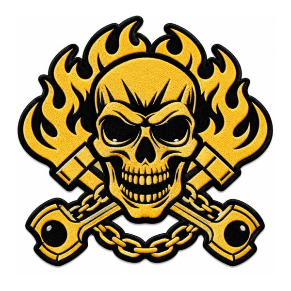 Yellow and black flaming skull embroidered patch with crossed bones, chain, fire flames, detailed skull, and bold gothic biker design
