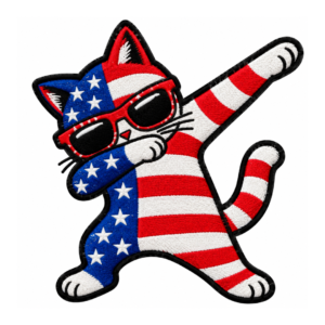 American flag cat embroidered patch with red white blue stripes, white stars, sunglasses, patriotic USA design, and black embroidered border