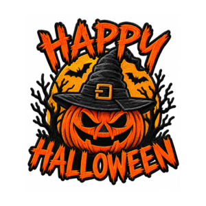 Halloween pumpkin embroidered patch with orange jack-o-lantern wearing a black witch hat, flying bats, spooky branches, and HAPPY HALLOWEEN lettering