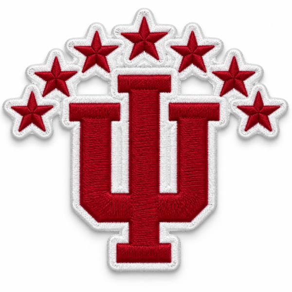 IU embroidered patch with red monogram, six red stars and white stitched border