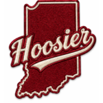 Hoosier embroidered patch in Indiana state shape with red background, cream script lettering and stitched border