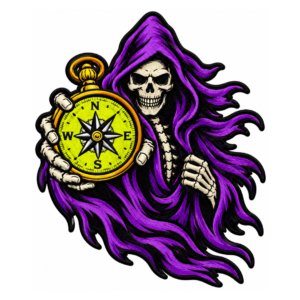 Purple Grim Reaper embroidered patch with hooded skeleton holding a gold compass, black cloak, cream bones, and detailed gothic design