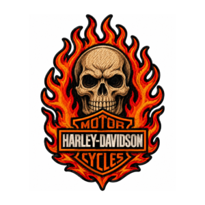 Flaming skull motorcycle embroidered patch with tan skull, red orange yellow flames, black shield design, and detailed biker-style embroidery