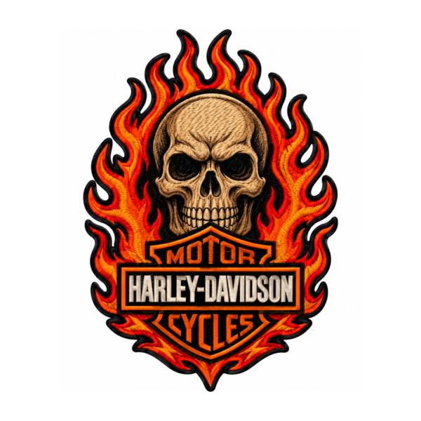 Flaming skull motorcycle embroidered patch with tan skull, red orange yellow flames, black shield design, and detailed biker-style embroidery