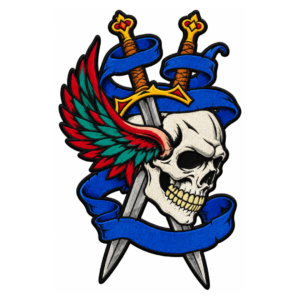 Winged skull and crossed swords embroidered patch with red teal feathers, blue ribbon, silver swords, gold handles, and black satin border