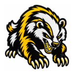 Angry badger embroidered patch with black fur, yellow and white details, sharp claws, exposed teeth, yellow eyes, and black satin border