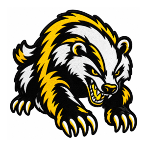 Angry badger embroidered patch with black fur, yellow and white details, sharp claws, exposed teeth, yellow eyes, and black satin border