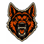 Fierce wolf head embroidered patch with orange and black fur, sharp cream fangs, intense eyes, open mouth, and cream satin embroidered border