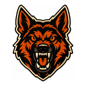 Fierce wolf head embroidered patch with orange and black fur, sharp cream fangs, intense eyes, open mouth, and cream satin embroidered border