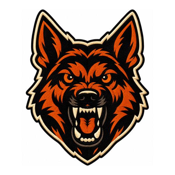 Fierce wolf head embroidered patch with orange and black fur, sharp cream fangs, intense eyes, open mouth, and cream satin embroidered border