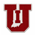 Indiana State IU embroidered patch with red monogram, white Indiana state silhouette and white stitched border