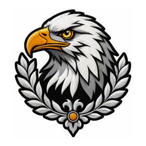 Bald eagle embroidered patch with white and gray feathers, golden yellow beak and eye, decorative laurel leaves, black details, and satin embroidered border