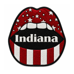 Indiana lips embroidered patch with red and white stars, striped lower design, black center and white Indiana lettering