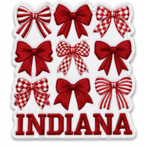 Indiana bow embroidered patch with nine red and white bows, striped and checker patterns, and bold Indiana lettering