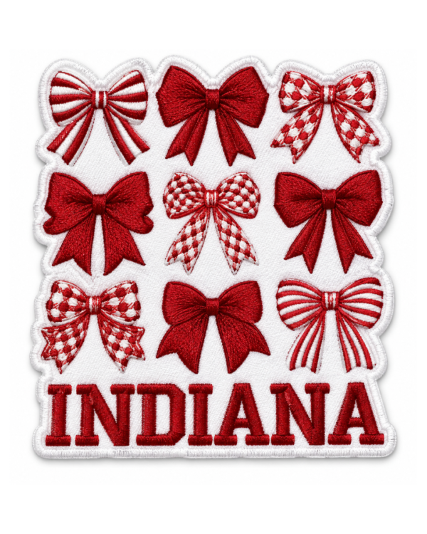 Indiana bow embroidered patch with nine red and white bows, striped and checker patterns, and bold Indiana lettering