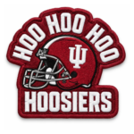 Hoosiers football embroidered patch with red IU-style helmet, Hoo Hoo Hoo lettering and bold white Hoosiers text