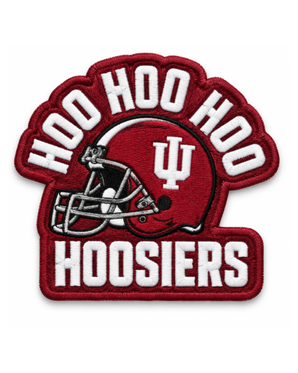 Hoosiers football embroidered patch with red IU-style helmet, Hoo Hoo Hoo lettering and bold white Hoosiers text