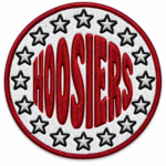 Hoosiers round embroidered patch with bold red lettering, white stars, black outlines and red stitched border