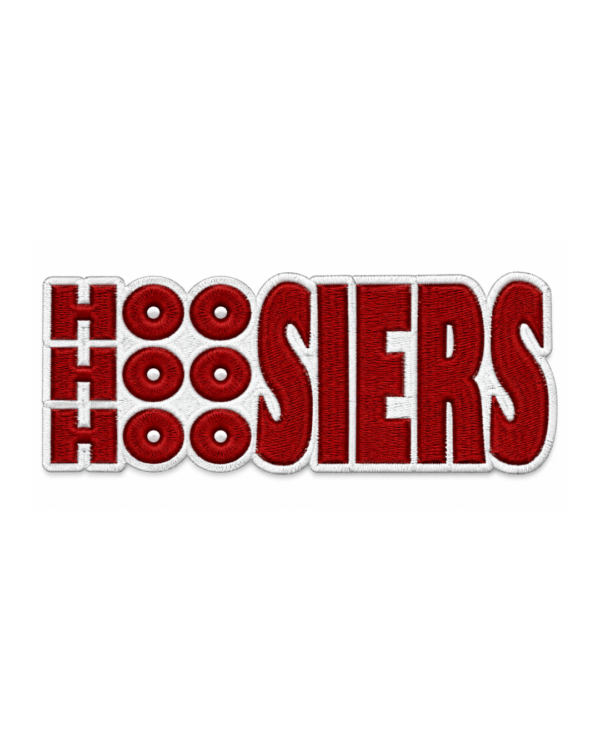 Hoo Hoo Hoosiers embroidered patch with stacked red lettering, circular O details and white stitched border