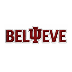 Believe IU embroidered patch with bold red lettering, centered IU-style monogram and white stitched border