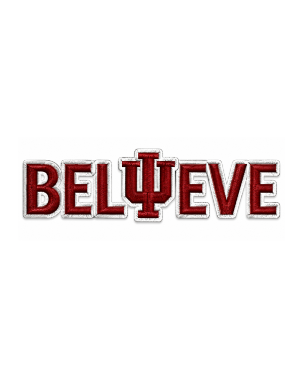 Believe IU embroidered patch with bold red lettering, centered IU-style monogram and white stitched border