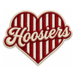 Hoosiers heart embroidered patch with red and cream vertical stripes, script lettering and cream stitched border