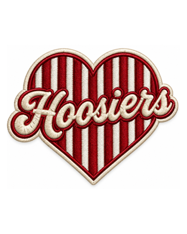 Hoosiers heart embroidered patch with red and cream vertical stripes, script lettering and cream stitched border