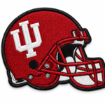 IU football helmet embroidered patch in red with white monogram, black border and detailed red face mask