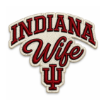 Indiana Wife embroidered patch with red lettering, cream background, black outlines and IU-style monogram