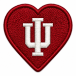 IU heart embroidered patch with deep red background, white monogram and clean red stitched border