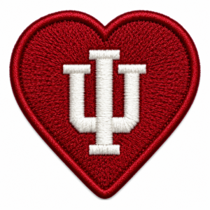 IU heart embroidered patch with deep red background, white monogram and clean red stitched border