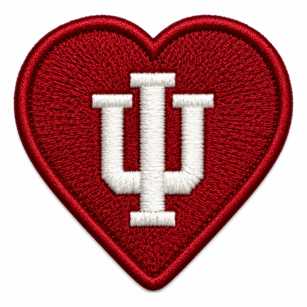 IU heart embroidered patch with deep red background, white monogram and clean red stitched border