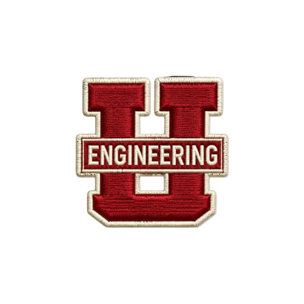 Engineering H embroidered patch with red block letter, cream Engineering banner and stitched cream border