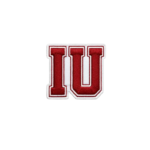 IU block monogram embroidered patch with bold red lettering, white outline and clean custom-shaped stitched border
