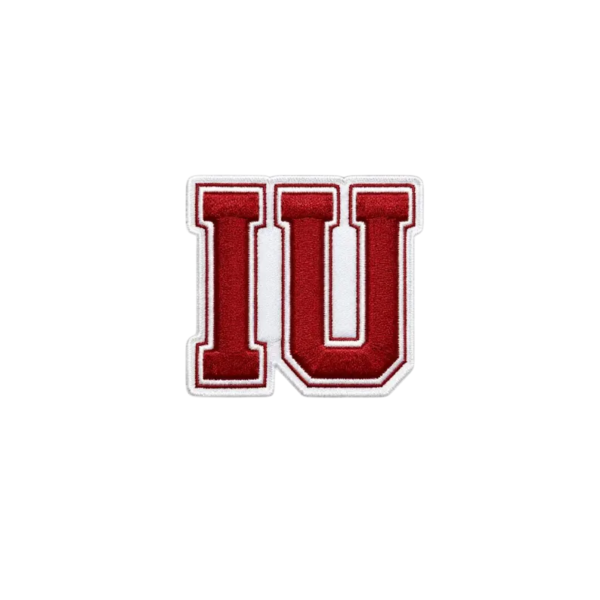 IU block monogram embroidered patch with bold red lettering, white outline and clean custom-shaped stitched border