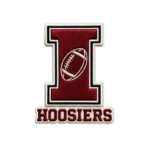 Hoosiers football embroidered patch with large red letter I, football graphic, cream outline and Hoosiers lettering