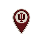 IU location pin embroidered patch with red map marker shape, cream center, monogram and stitched border